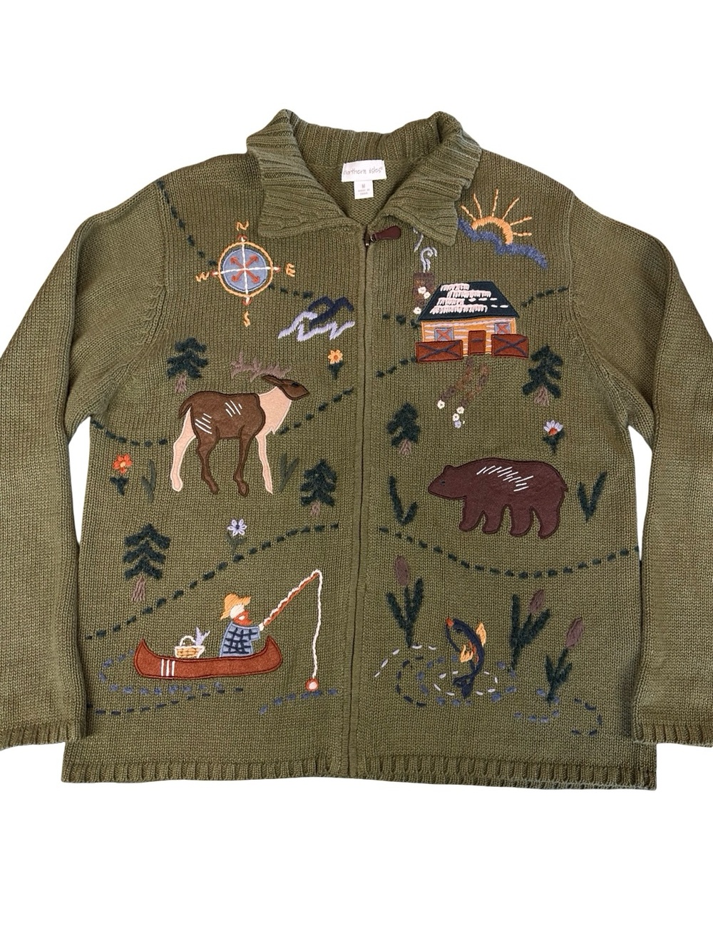 VTG Northern Isles Woodland Cardigan Sweater Medium Olive Green Bear Deer Cabin